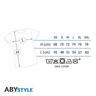 Tabela de tamanhos de t-shirt branca com instruções de cuidados e logótipo ABYSTYLE