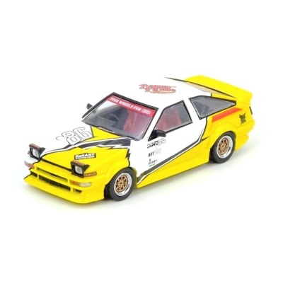 Miniatura de carro desportivo amarela e branca com detalhes e inscrições