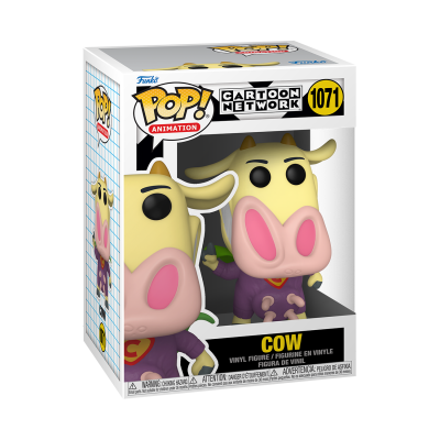Figura Funko Pop! Cartoon Network 1071 de vaca amarela e rosa vestida com camisola púrpura numa caixa branca.