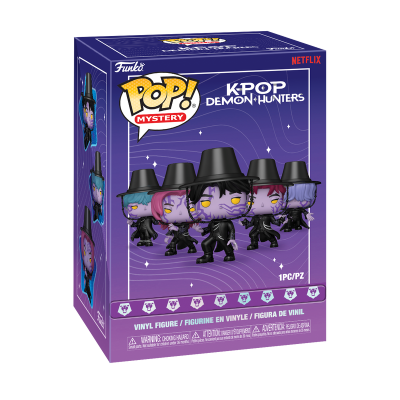 Caixa Funko Pop! K-POP Demon Hunters roxa com figura de vinil preta e cabelo roxo