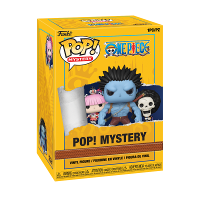 Caixa Funko Pop! Mystery One Piece amarelo com figuras de vinil visíveis