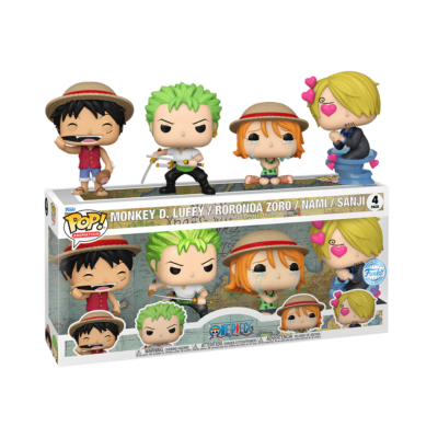 Conjunto Funko Pop! com figuras de Monkey D. Luffy, Roronoa Zoro, Nami e Sanji em caixa colorida