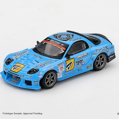 Miniatura azul de carro de corrida com o número 7 e várias inscrições e decalques