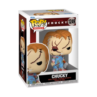 Figura Funko Pop! de vinil da personagem Chucky embalada numa caixa com o número 1249
