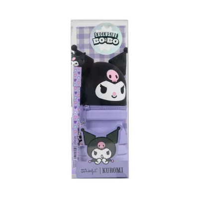 Estojo escolar Kuromi lilás com personagem em embalagem transparente
