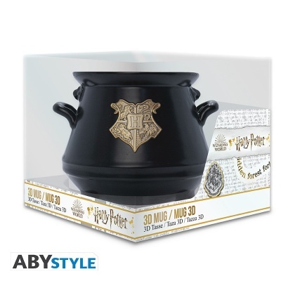 Caneca 3D preta Caldeirão Furado Harry Potter com brasão Hogwarts e embalagem