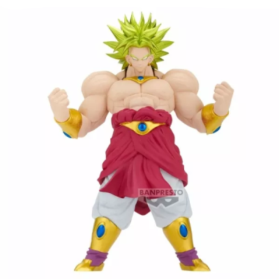 Figurinha de ação do personagem Broly de Dragon Ball Z com cabelo amarelo e roupa vermelha e dourada