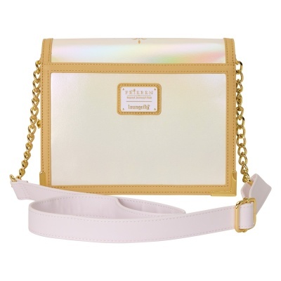 Mala de ombro branca e bege com alça lilás e corrente dourada