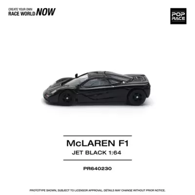 Miniatura preta de McLAREN F1 em escala 1:64 com texto promocional