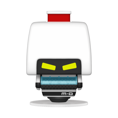 Objeto robótico branco com visor preto e olhos amarelos sobre superfície circular branca