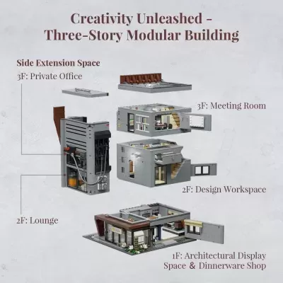 Modelo modular de edifício de três andares feito com peças tipo LEGO em várias secções