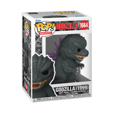 Boneco Funko Pop! Godzilla (1999) em embalagem com janela, cor cinzenta com detalhes roxos