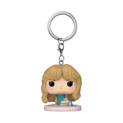 Chaveiro Funko Pop de personagem loira com vestido azul sentada numa base rosa