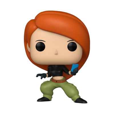 Figura Funko Pop com cabelo laranja e roupas pretas e verdes segurando um telemóvel azul