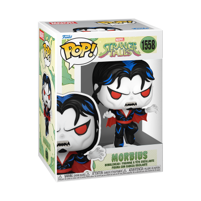 Funko Pop! Morbius Marvel Strange Tales caixa branca e verde com figura dentro