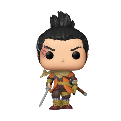 Figura Funko Pop de personagem masculino com roupa colorida e armas