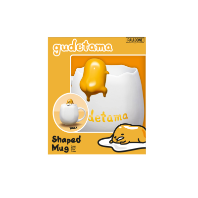 Caneca branca com personagem amarelo Gudetama e detalhe da casca do ovo na embalagem amarela