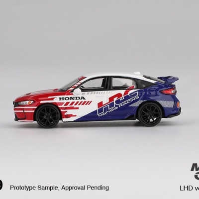 Miniatura de carro desportivo Honda tricolor com texto Honda Racing em fundo cinzento
