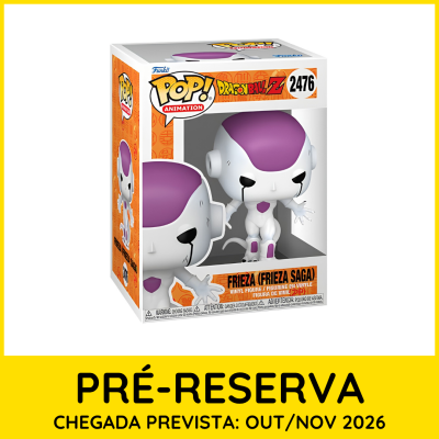 Caixa Funko Pop! da personagem Frieza com fundo laranja e texto de pré-reserva em amarelo
