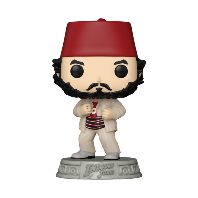 Figura Funko Pop de homem com casaco bege, chapéu vermelho e base com texto