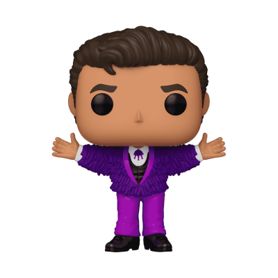 Boneco colecionável com fato roxo e cabelo castanho