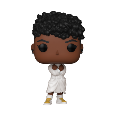 Figura Funko Pop com cabelo preto encaracolado e casaco branco