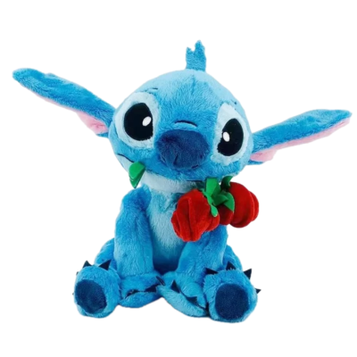 Pelúcia azul do personagem Stitch com rosas vermelhas