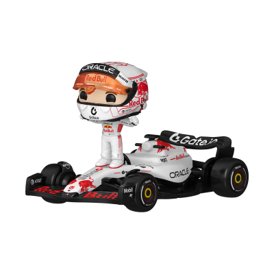 Boneco Funko Pop de piloto Red Bull em carro de Fórmula 1 branco com logótipos.