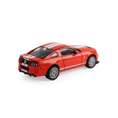 Carro de brinquedo vermelho com riscas brancas em fundo branco