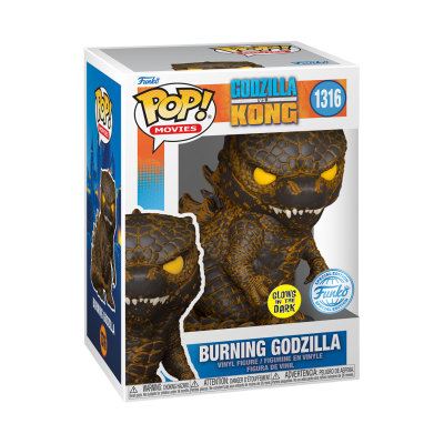 Funko Pop Burning Godzilla vinil na caixa com texto e selo