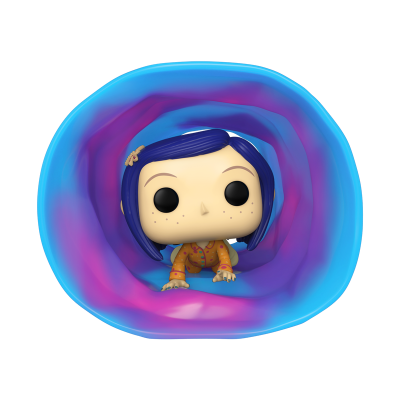 Figura Funko Pop Coraline dentro de túnel azul e roxo
