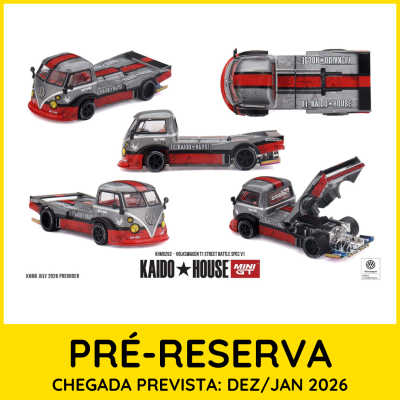 Miniatura de Volkswagen T1 cinza, vermelho e preto com detalhes em várias vistas