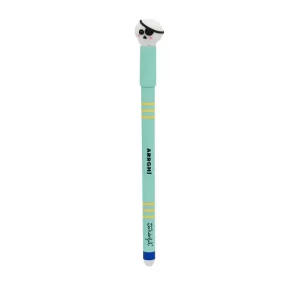Caneta azul claro com topo decorado com caveira e texto Argh!