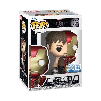 Boneco Funko Pop Tony Stark/Iron Man na caixa com máscara metade dourada e vermelha e metade do rosto exposto