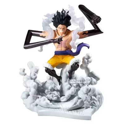 Figurina de personagem anime com efeito de fumo branco e base branca com texto BANPRESTO