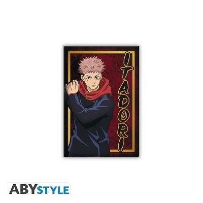 Póster anime personagem Itadori com fundo vermelho e texto vertical