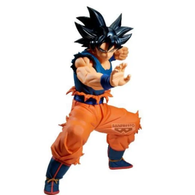 Figura de ação Goku com roupa laranja e azul em pose de combate