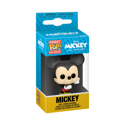 Chaveiro Funko Pop Pocket do Mickey Mouse em caixa de embalagem azul e amarela.