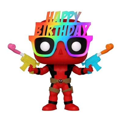 Figura de Deadpool com óculos e placa HAPPY BIRTHDAY