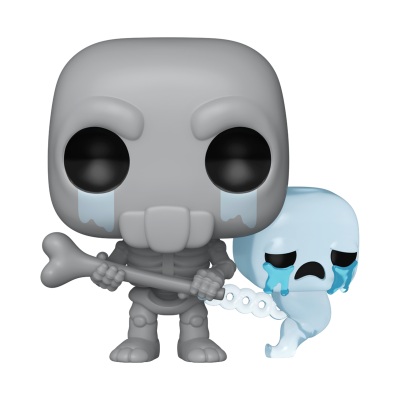 Duas figuras Funko Pop de esqueletos, uma cinzenta a segurar um osso e outra azul claro com lágrimas.