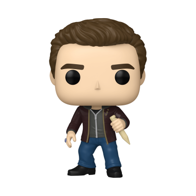 Figura Funko Pop com jaqueta castanha, calças azuis e faca na mão