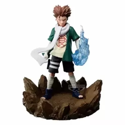 Figura de ação com cabelo castanho, cachecol branco, fogo azul e base rochosa castanha