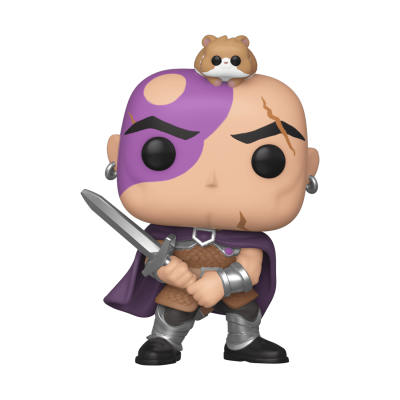 Boneco Funko Pop masculino com capa roxa e espada, com rato na cabeça