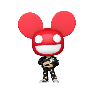 Figura colecionável Funko Pop com cabeça vermelha grande, vestindo casaco preto e calças com estrelas amarelas, segurando um gato preto.