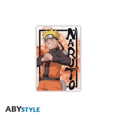Poster com ilustração do personagem Naruto em fato laranja e preto
