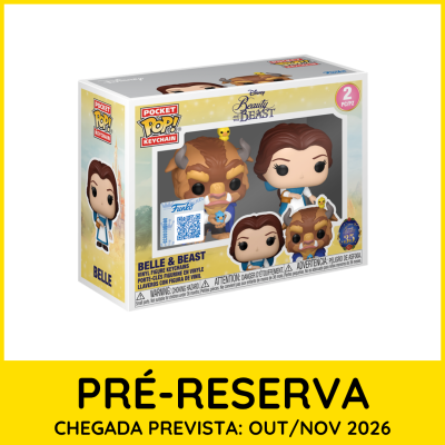Conjunto de keychains Funko Pop! Beauty and the Beast com Belle e a Fera em caixa colorida