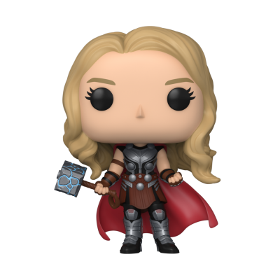 Figurinha Funko Pop da personagem Thor com capa vermelha e martelo