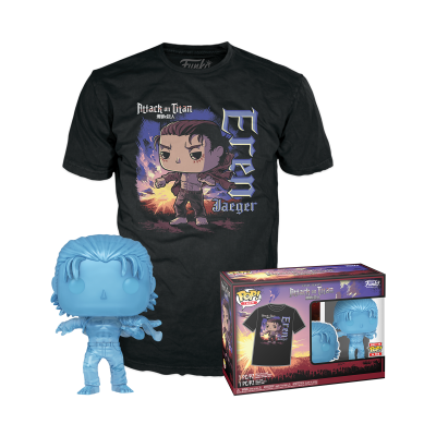 Conjunto Attack on Titan com t-shirt preta, figura Funko Pop azul e caixa