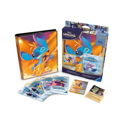 Jogo de cartas Disney Lorcana Collection Starter Set Stitch Edition com Stitch a tocar guitarra e cartas colecionáveis