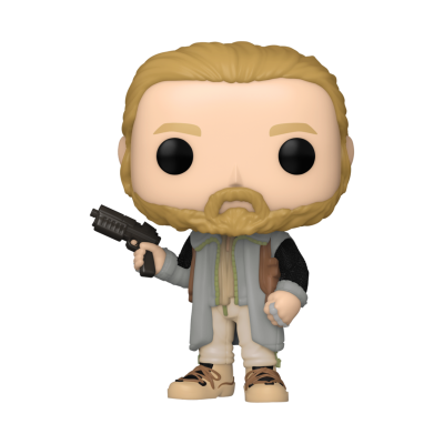 Figura Funko Pop de personagem loiro com casaco cinzento e arma preta